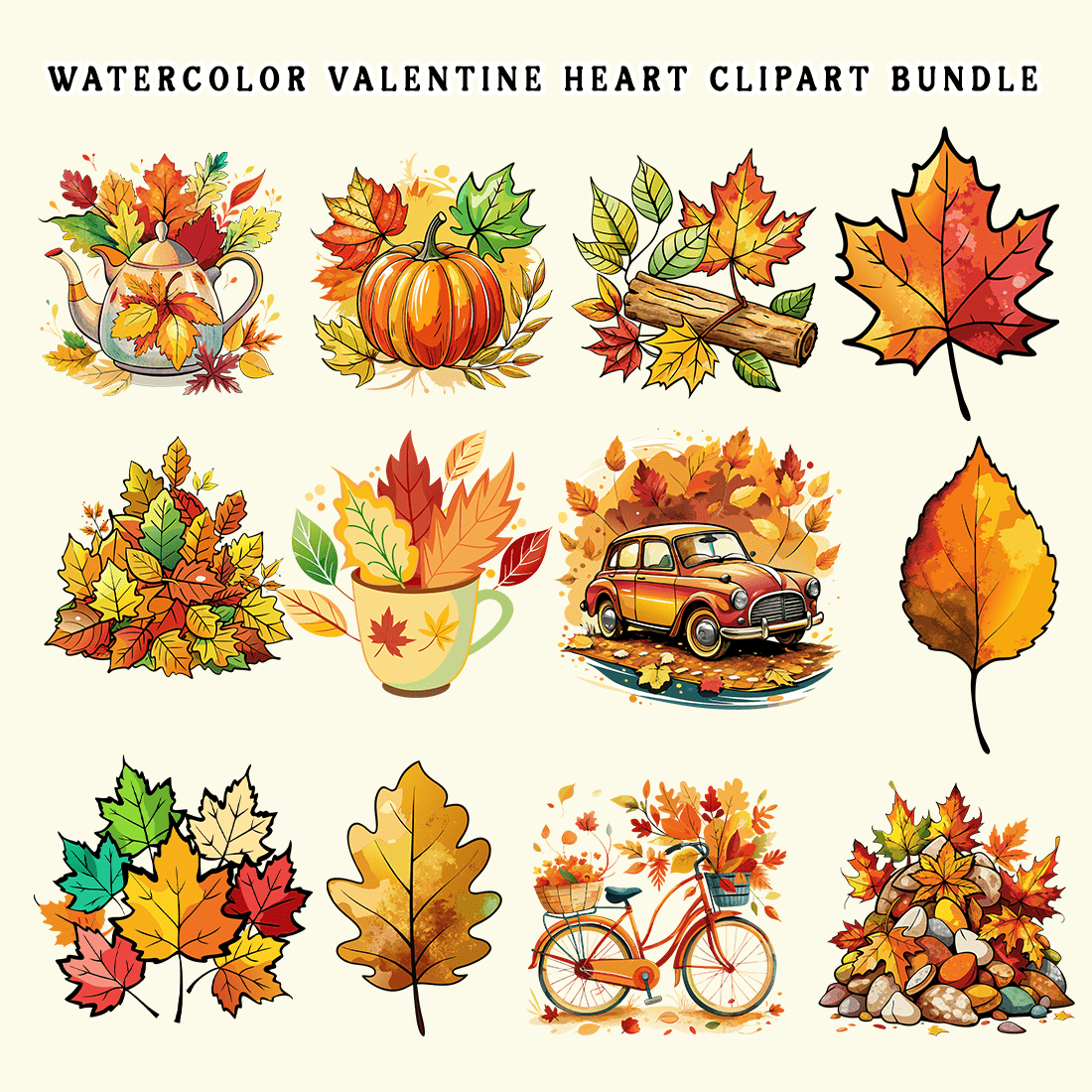 Watercolor Autumn Leaves Clipart Bundle preview image.