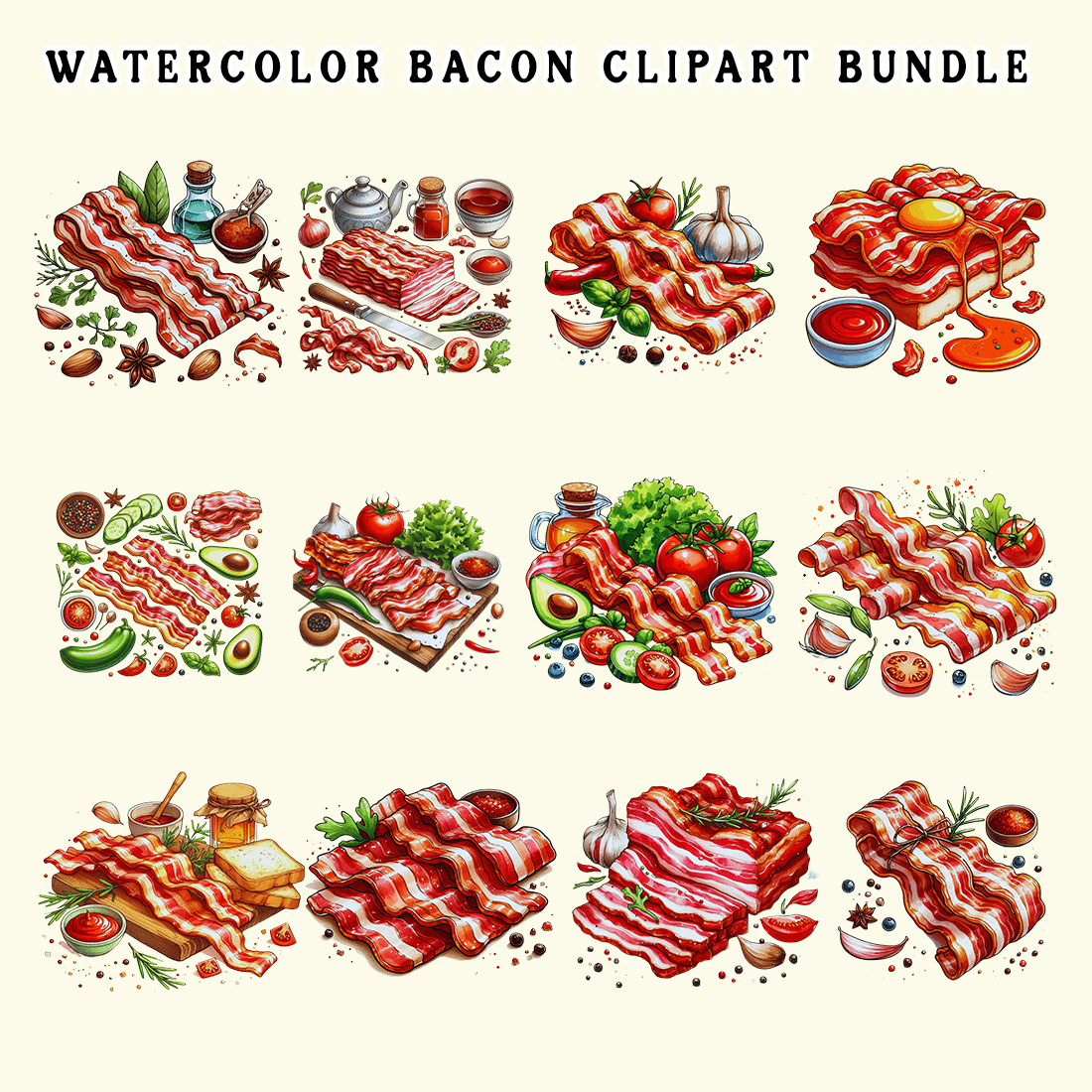 Watercolor Bacon Sublimation Clipart preview image.