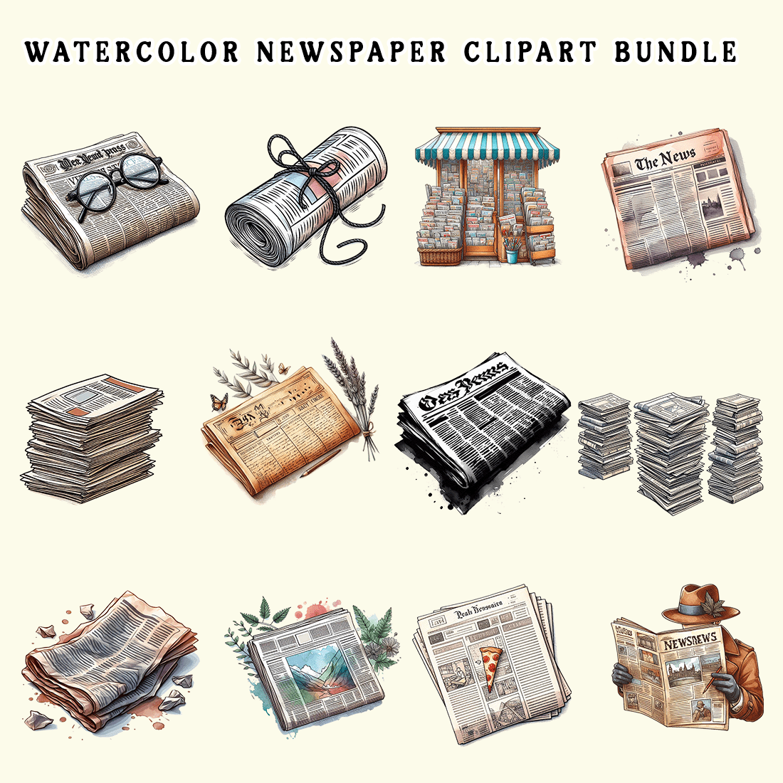 Watercolor Newspaper Clipart Bundle preview image.