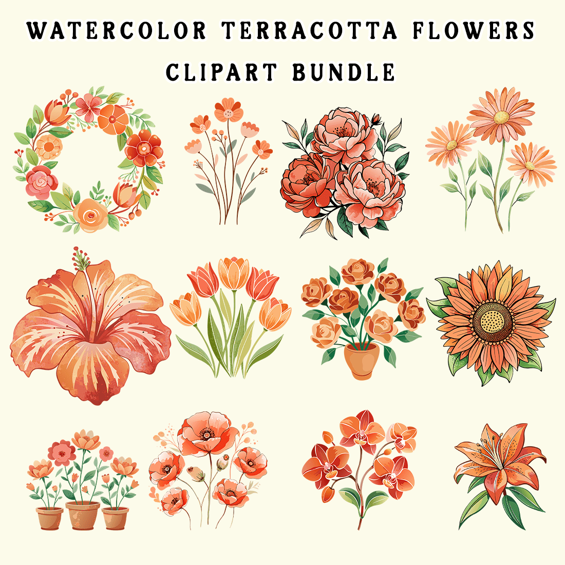 Watercolor Terracotta Flowers Clipart Bundle preview image.