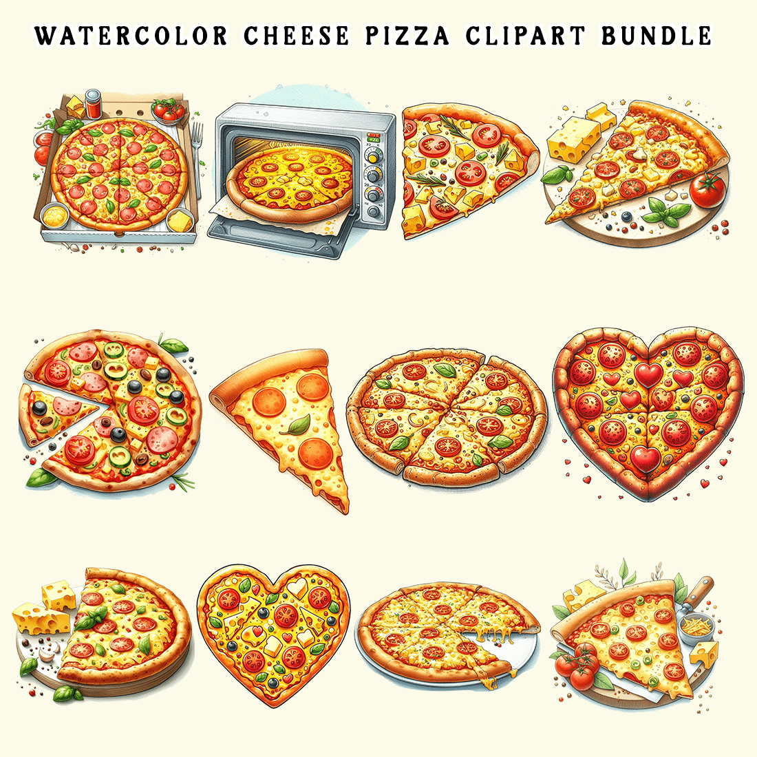 Watercolor Cheese Pizza Clipart Bundle preview image.