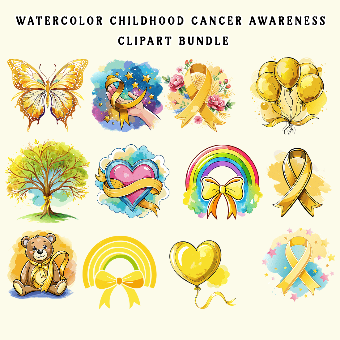 Watercolor Childhood Cancer Awareness Clipart Bundle preview image.