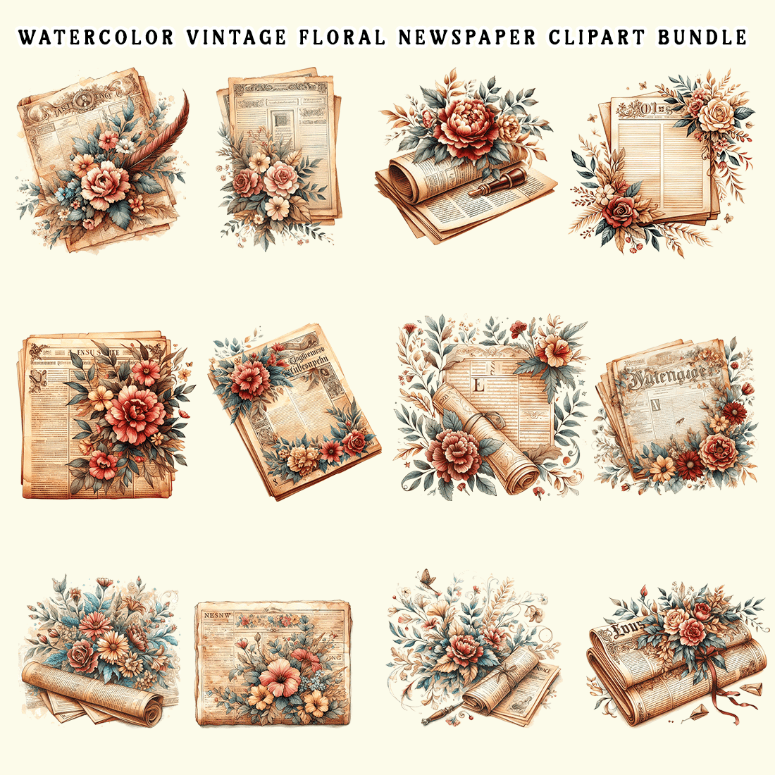 Watercolor Vintage Floral Newspaper Clipart Bundle preview image.