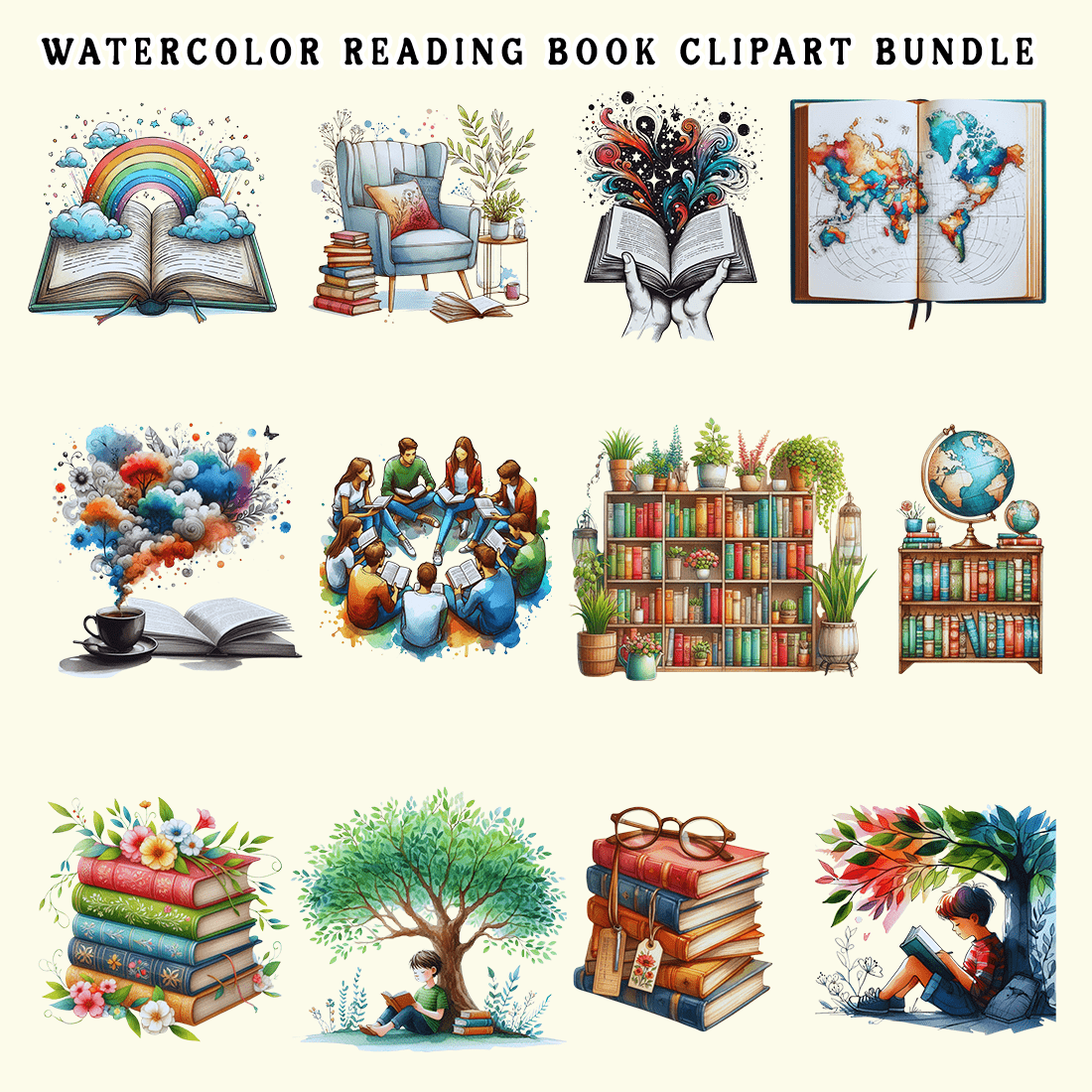 Watercolor Reading Book Clipart Bundle preview image.