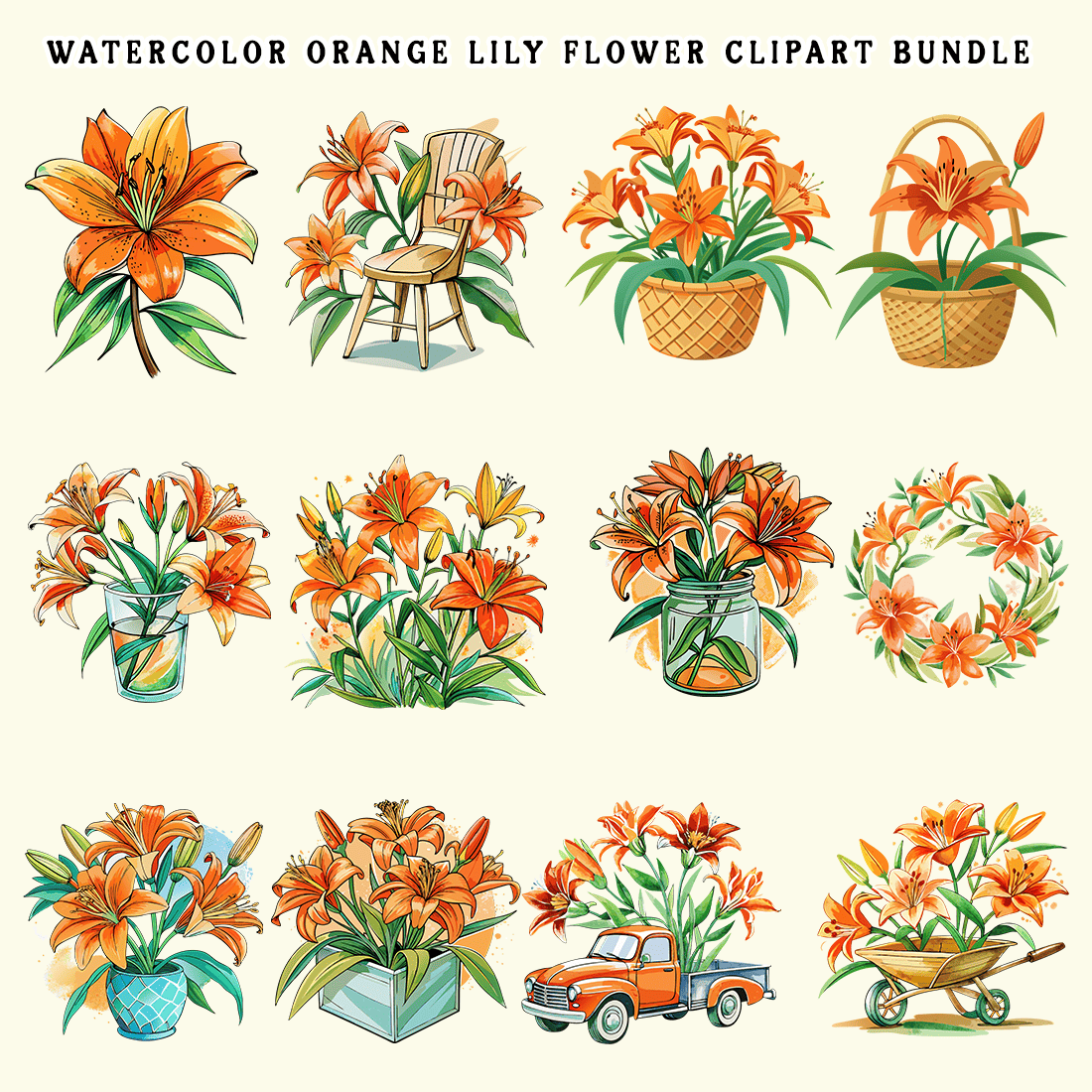 Watercolor Orange Lily Flower Clipart Bundle preview image.