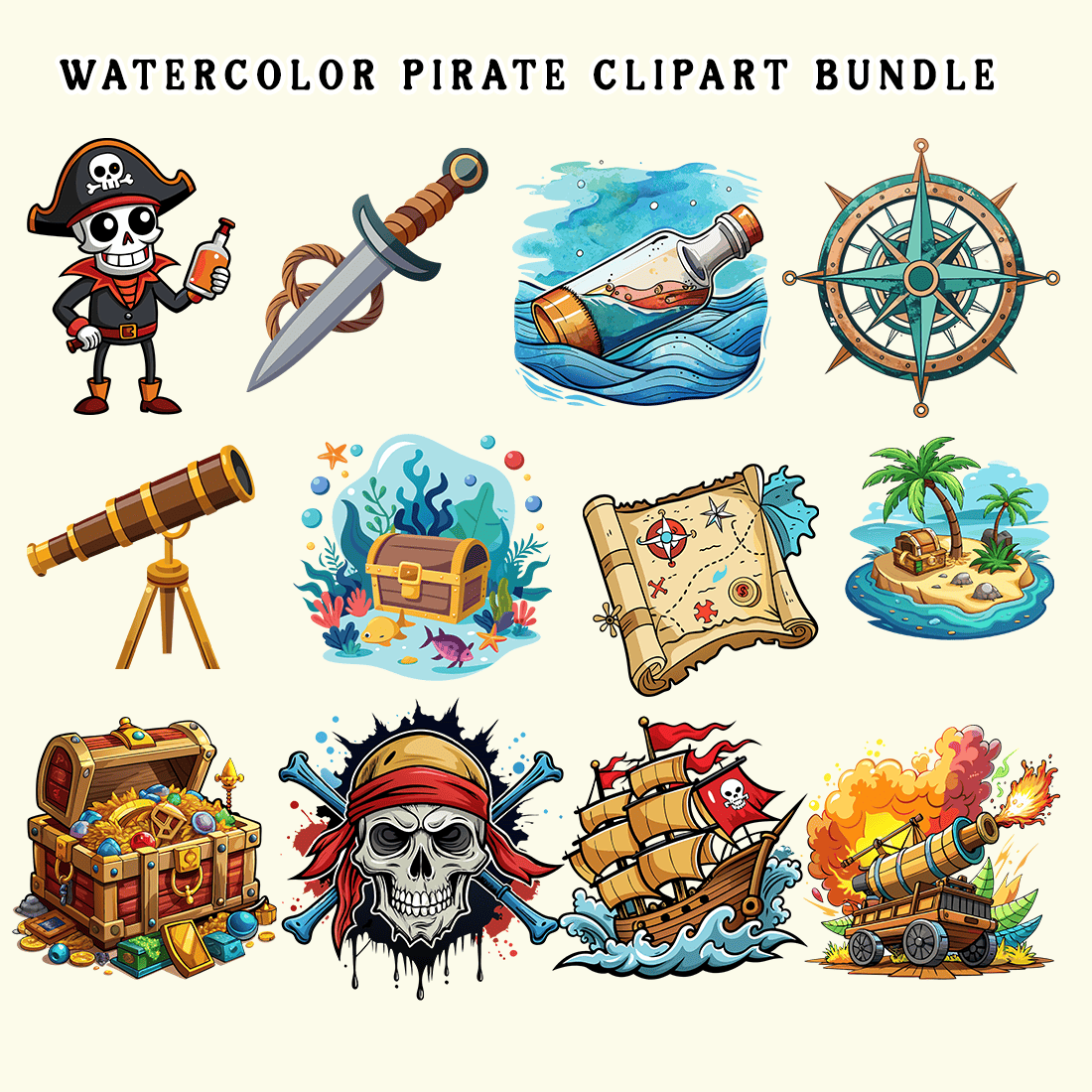 Watercolor Pirate Clipart Bundle preview image.