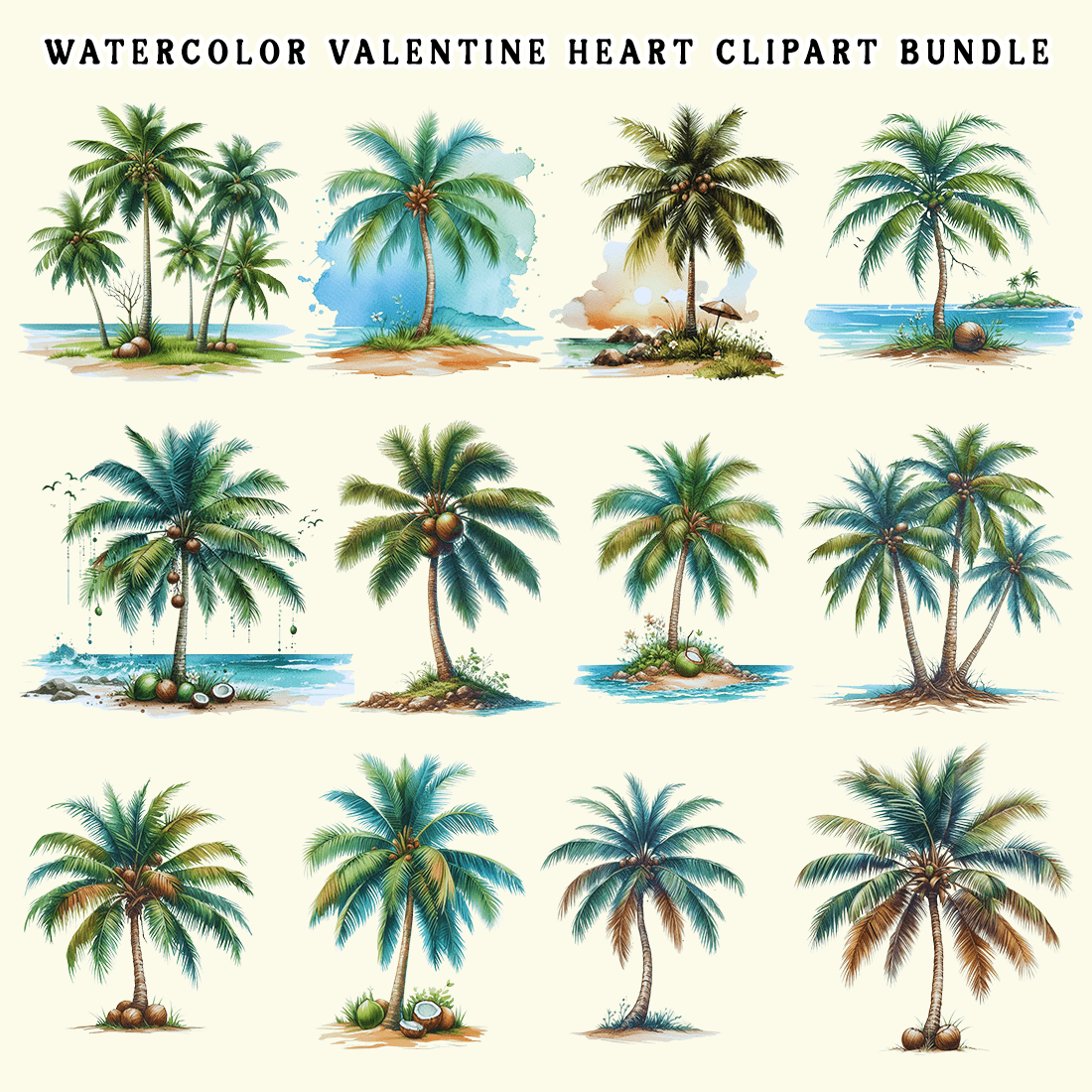 Watercolor Coconut Tree Clipart Bundle preview image.