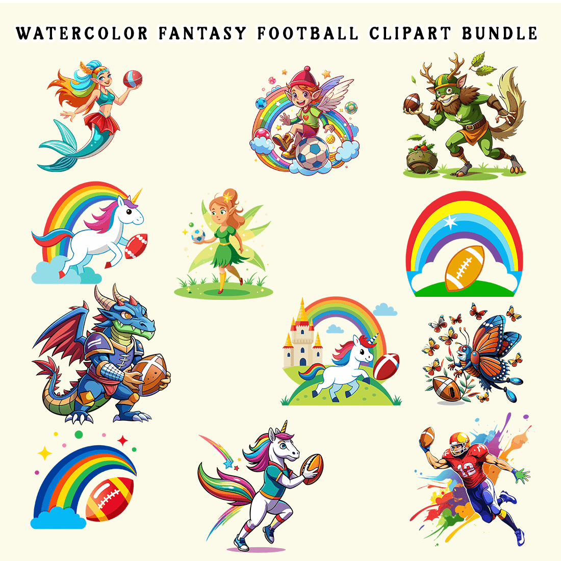 Watercolor Fantasy Football Clipart Bundle preview image.