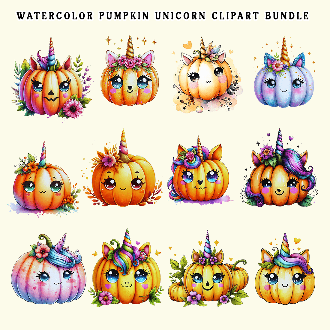 Watercolor Pumpkin Unicorn Clipart Bundle preview image.