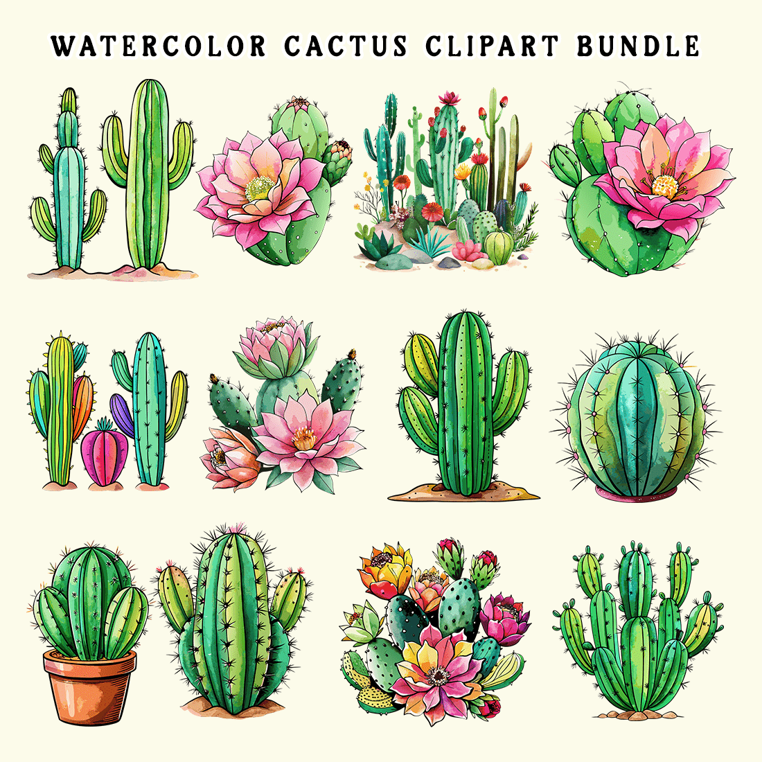 Watercolor Cactus Clipart Bundle preview image.