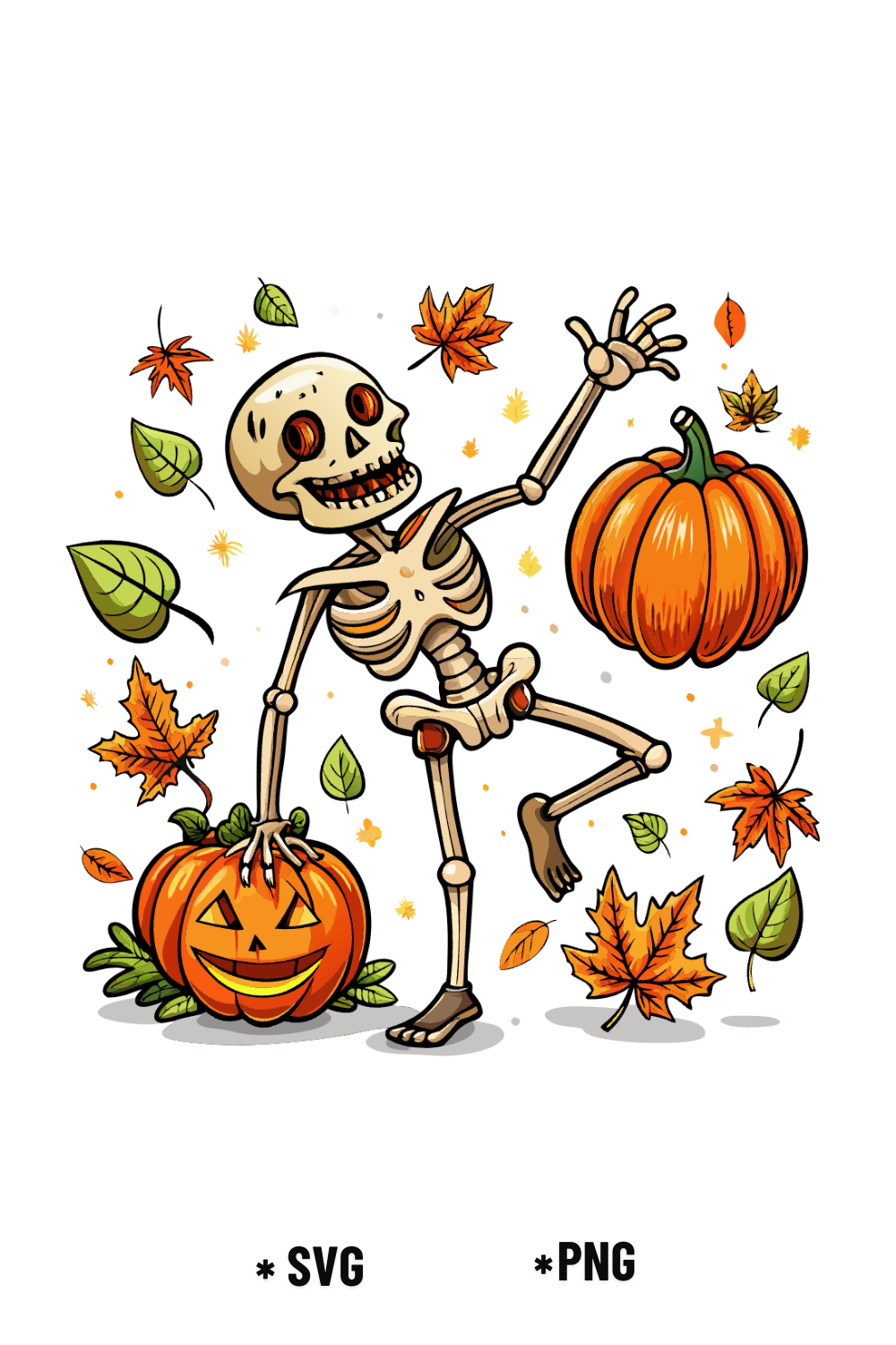 Dancing Skeleton with Pumpkin and Leaves pinterest preview image.