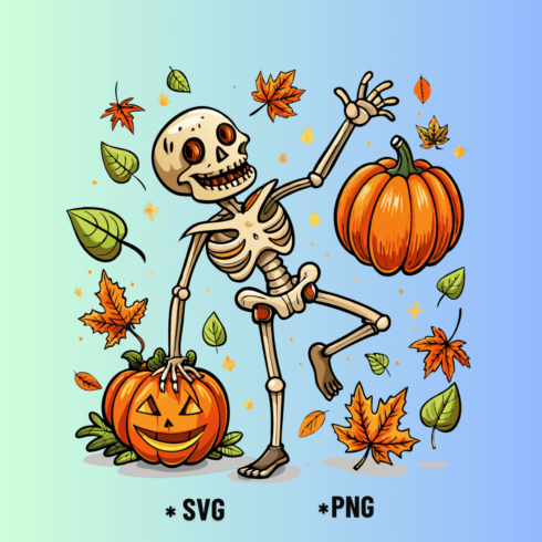 Dancing Skeleton with Pumpkin and Leaves cover image.