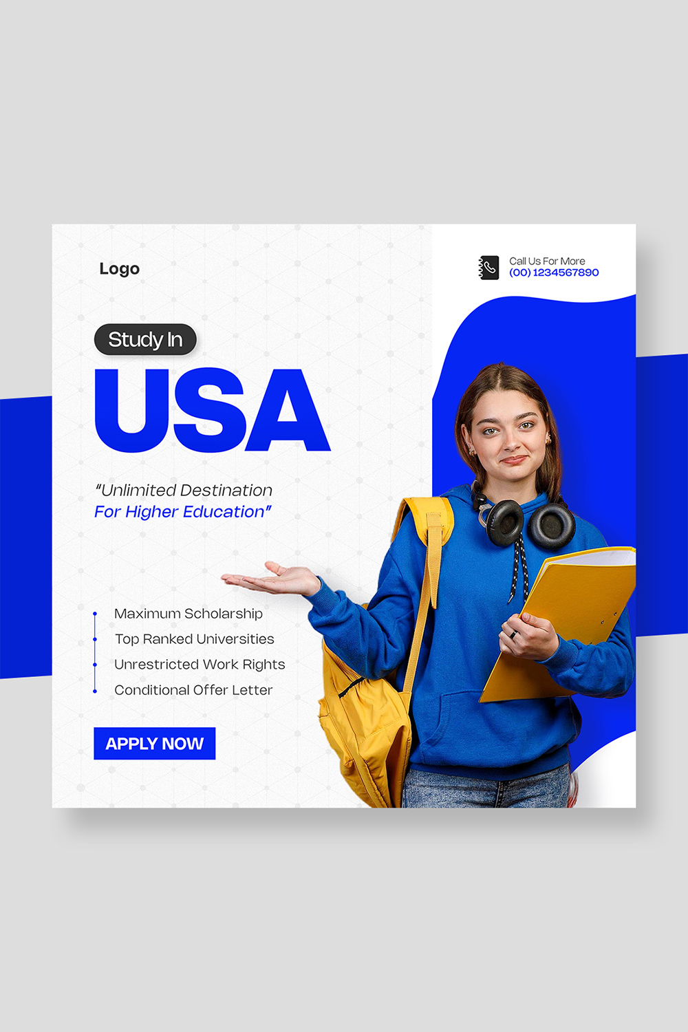 Study in USA Education Social Media Post Template pinterest preview image.