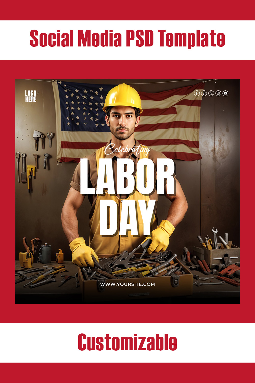 Labor Day USA Poster PSD Template Design pinterest preview image.