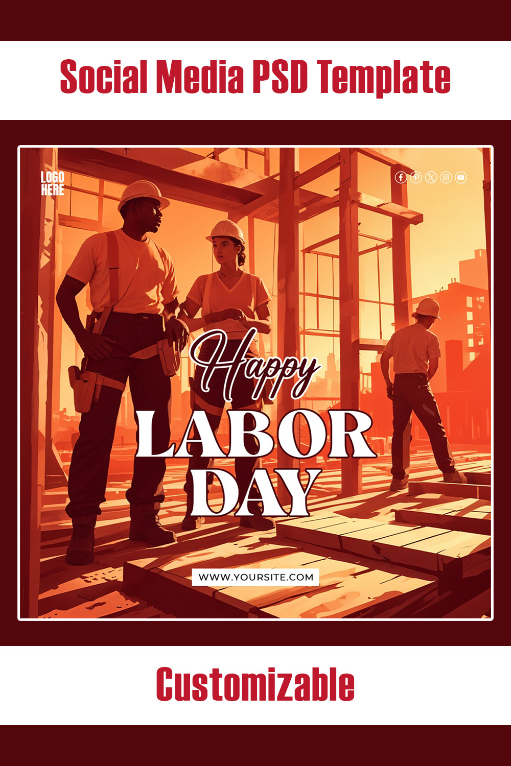 Labor Day Celebration PSD Template Social Media Design pinterest preview image.