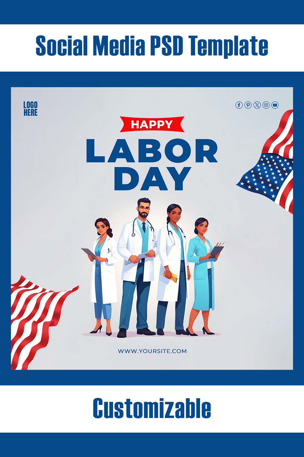 Labor Day Us Flag PSD Template Social Media Design pinterest preview image.