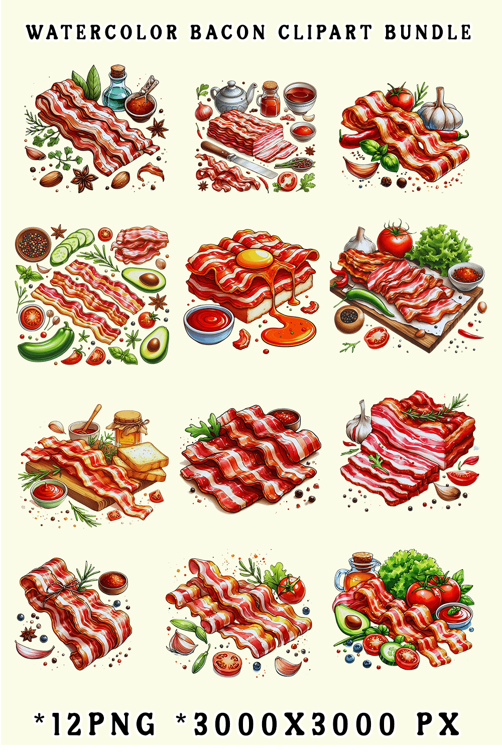 Watercolor Bacon Sublimation Clipart pinterest preview image.