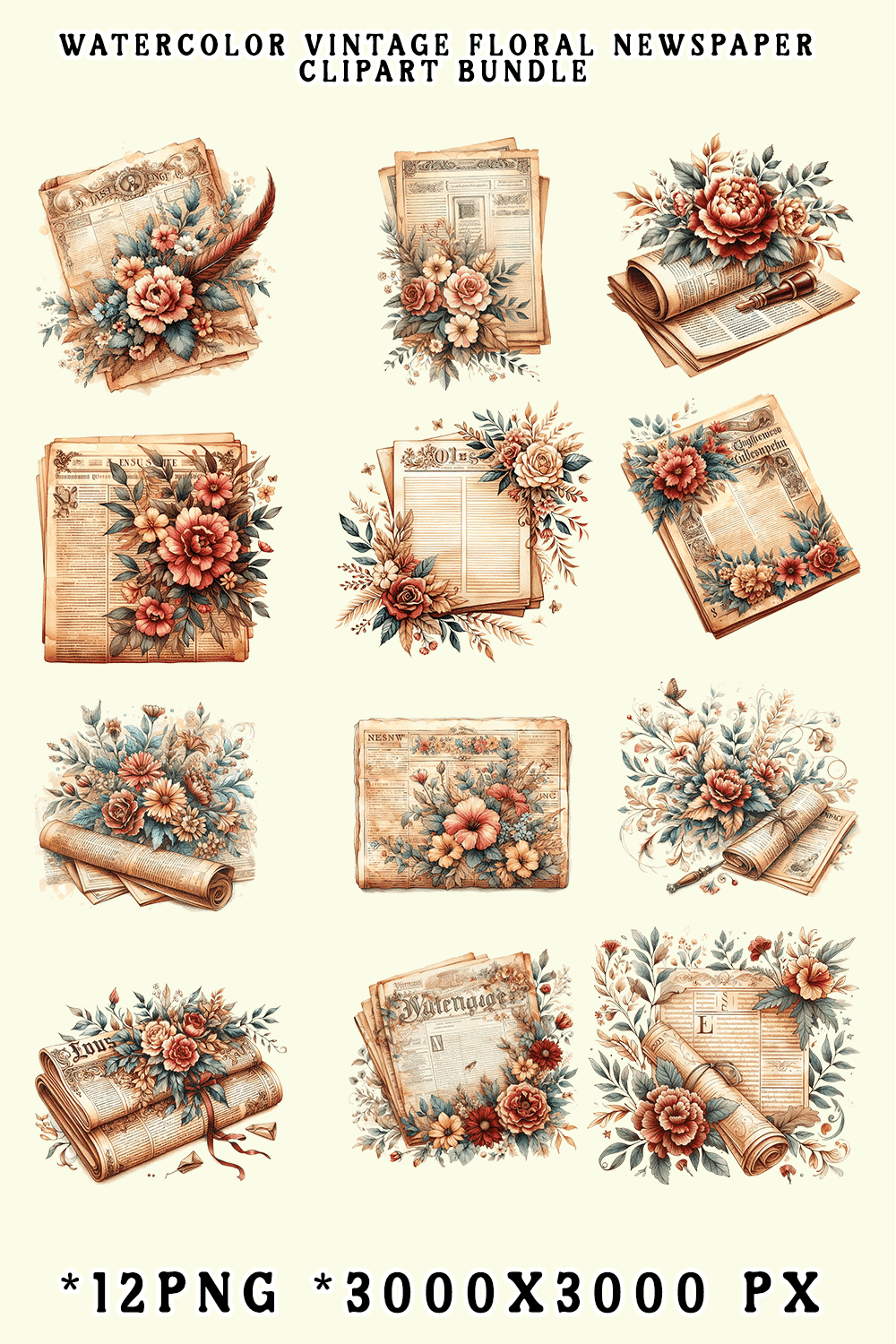 Watercolor Vintage Floral Newspaper Clipart Bundle pinterest preview image.