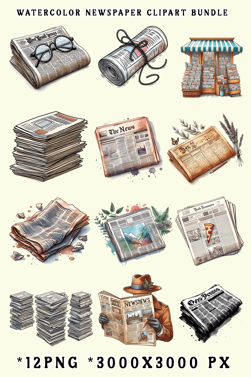 Watercolor Newspaper Clipart Bundle pinterest preview image.