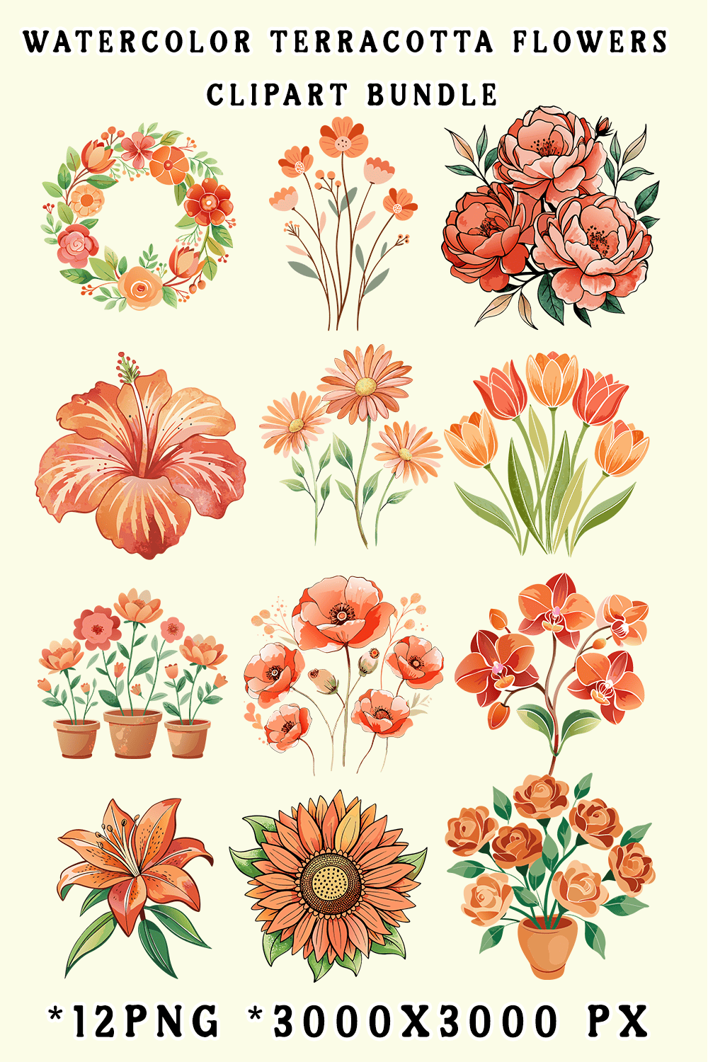 Watercolor Terracotta Flowers Clipart Bundle pinterest preview image.