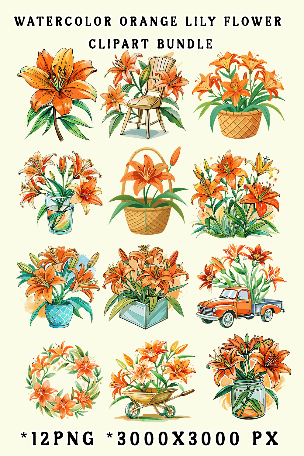 Watercolor Orange Lily Flower Clipart Bundle pinterest preview image.