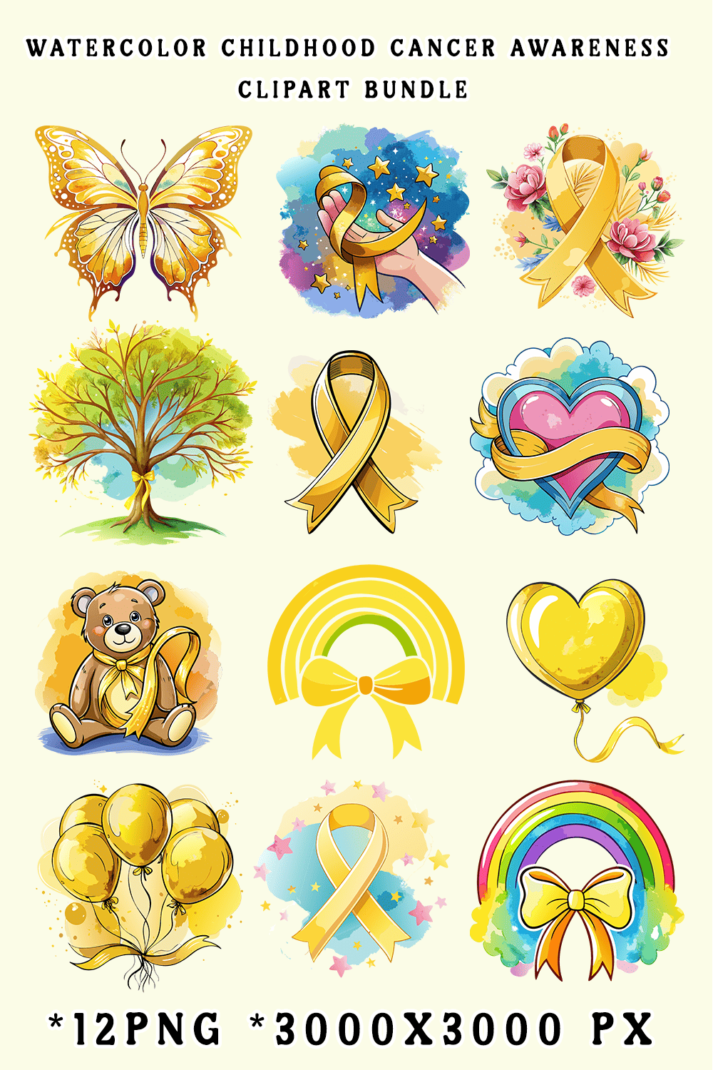 Watercolor Childhood Cancer Awareness Clipart Bundle pinterest preview image.