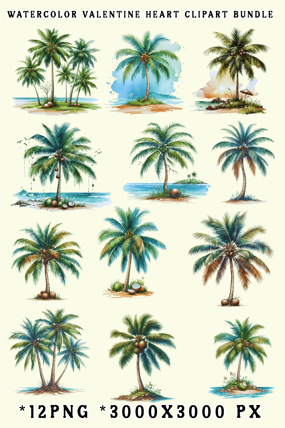 Watercolor Coconut Tree Clipart Bundle pinterest preview image.