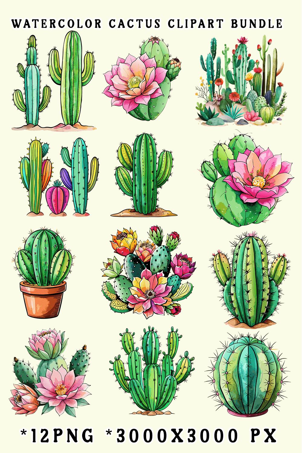 Watercolor Cactus Clipart Bundle pinterest preview image.