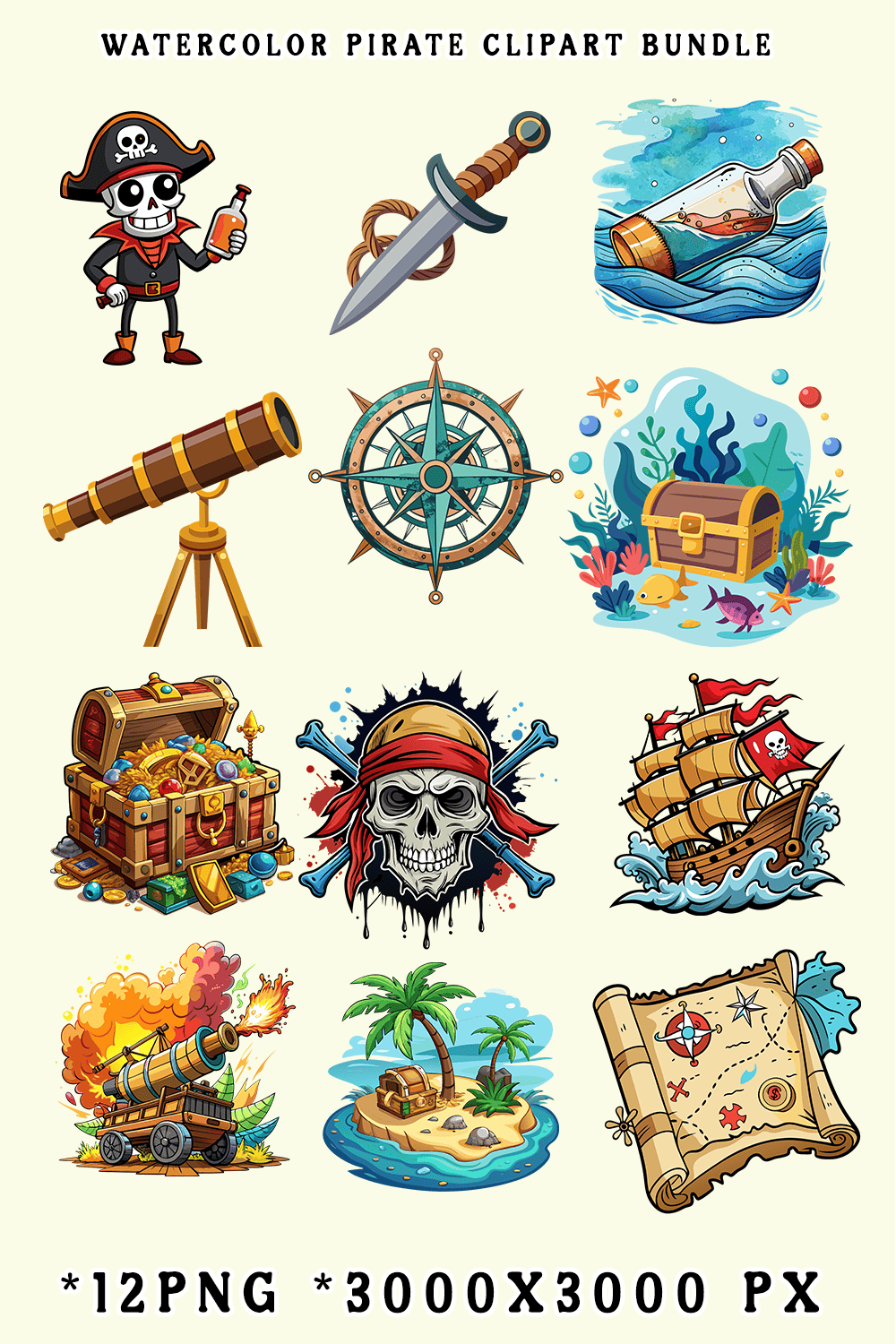 Watercolor Pirate Clipart Bundle pinterest preview image.