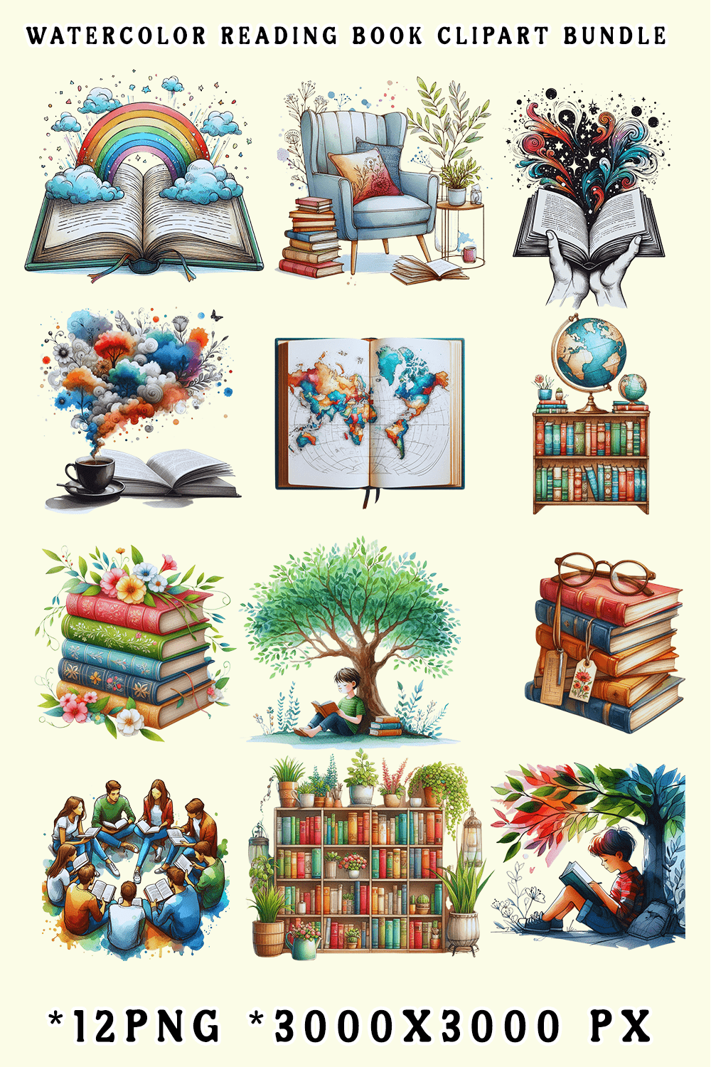 Watercolor Reading Book Clipart Bundle pinterest preview image.