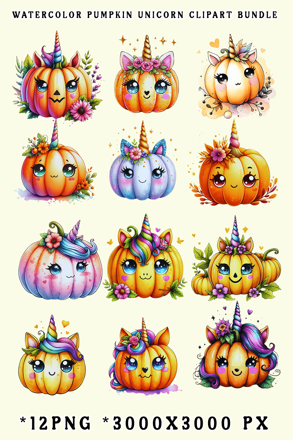 Watercolor Pumpkin Unicorn Clipart Bundle pinterest preview image.