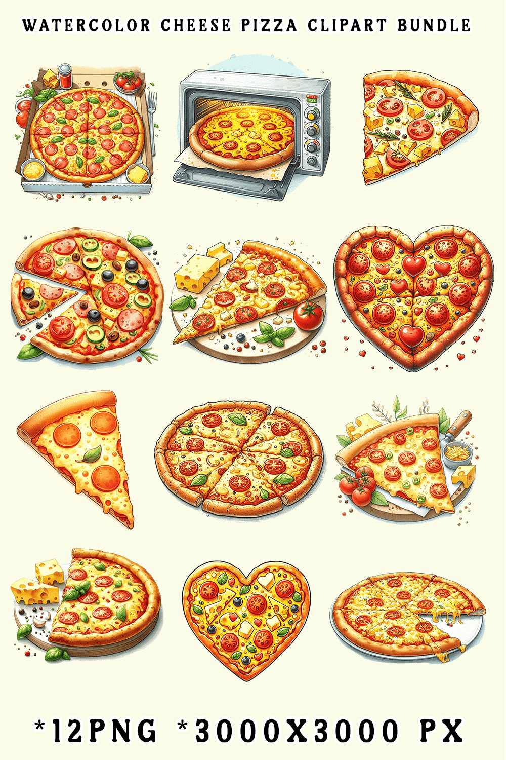 Watercolor Cheese Pizza Clipart Bundle pinterest preview image.