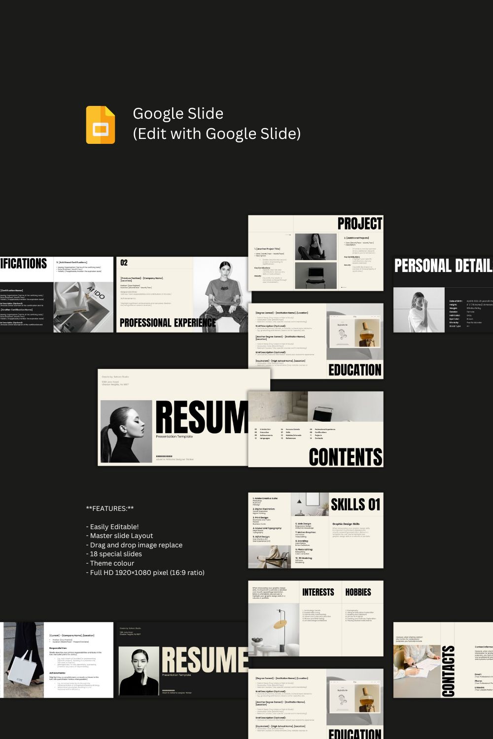 Resume / Google Slides Presentation Template pinterest preview image.