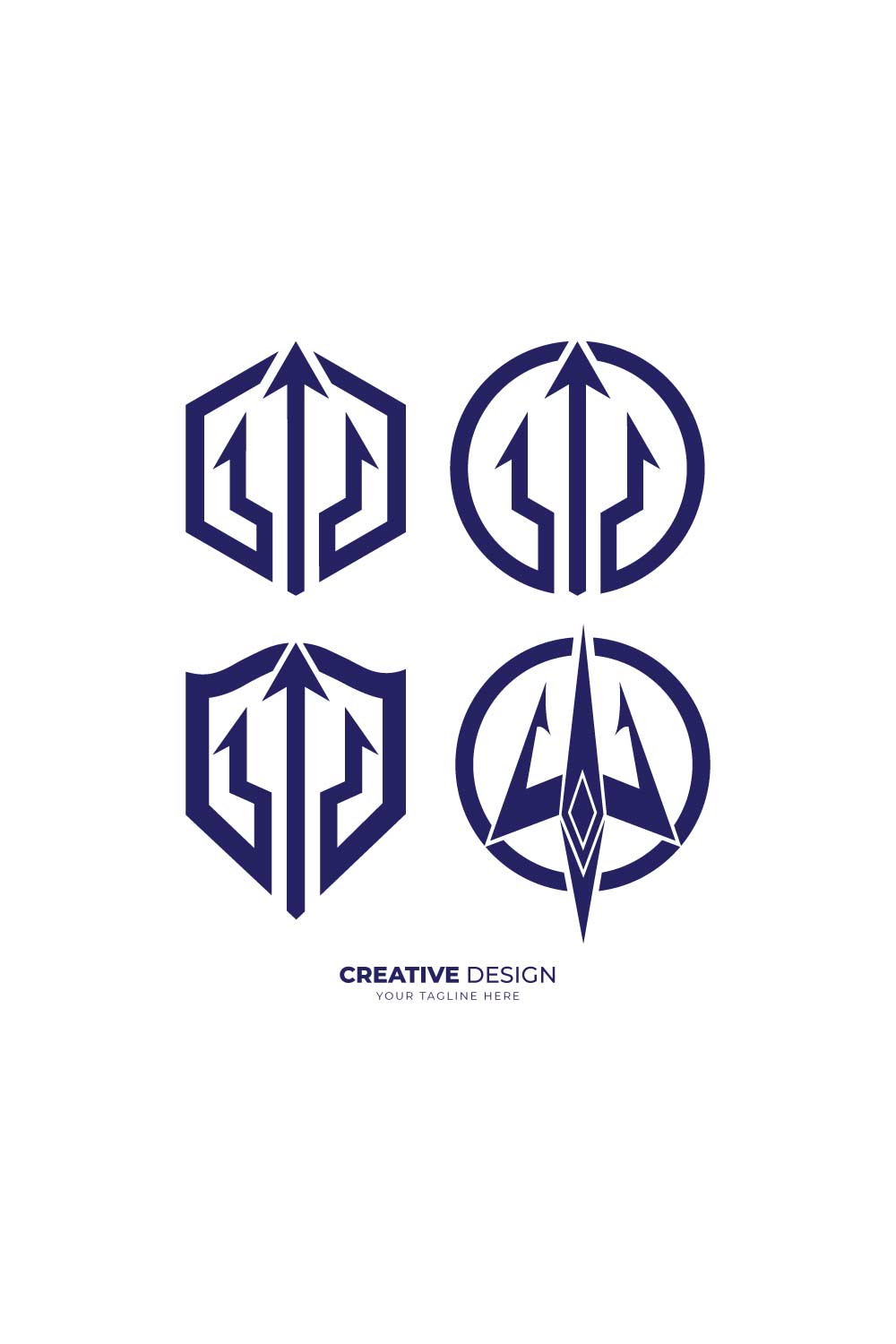 Trident poseidon with hexagon, rounded, shield shape modern monogram logo design pinterest preview image.