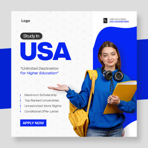 Study in USA Education Social Media Post Template cover image.