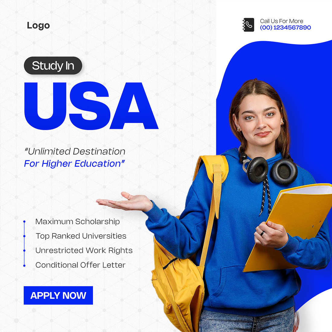 Study in USA Education Social Media Post Template preview image.