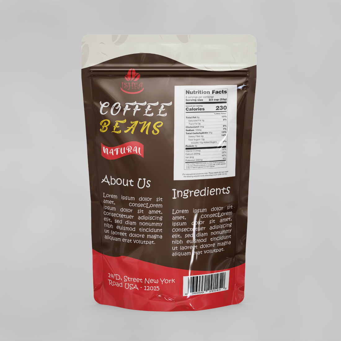 Printable Coffee Pouch Package Design Template Front and Back Part Premium Quality preview image.