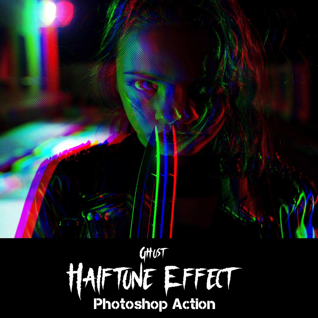 Ghost Halftone Effect Photoshop Action cover image.