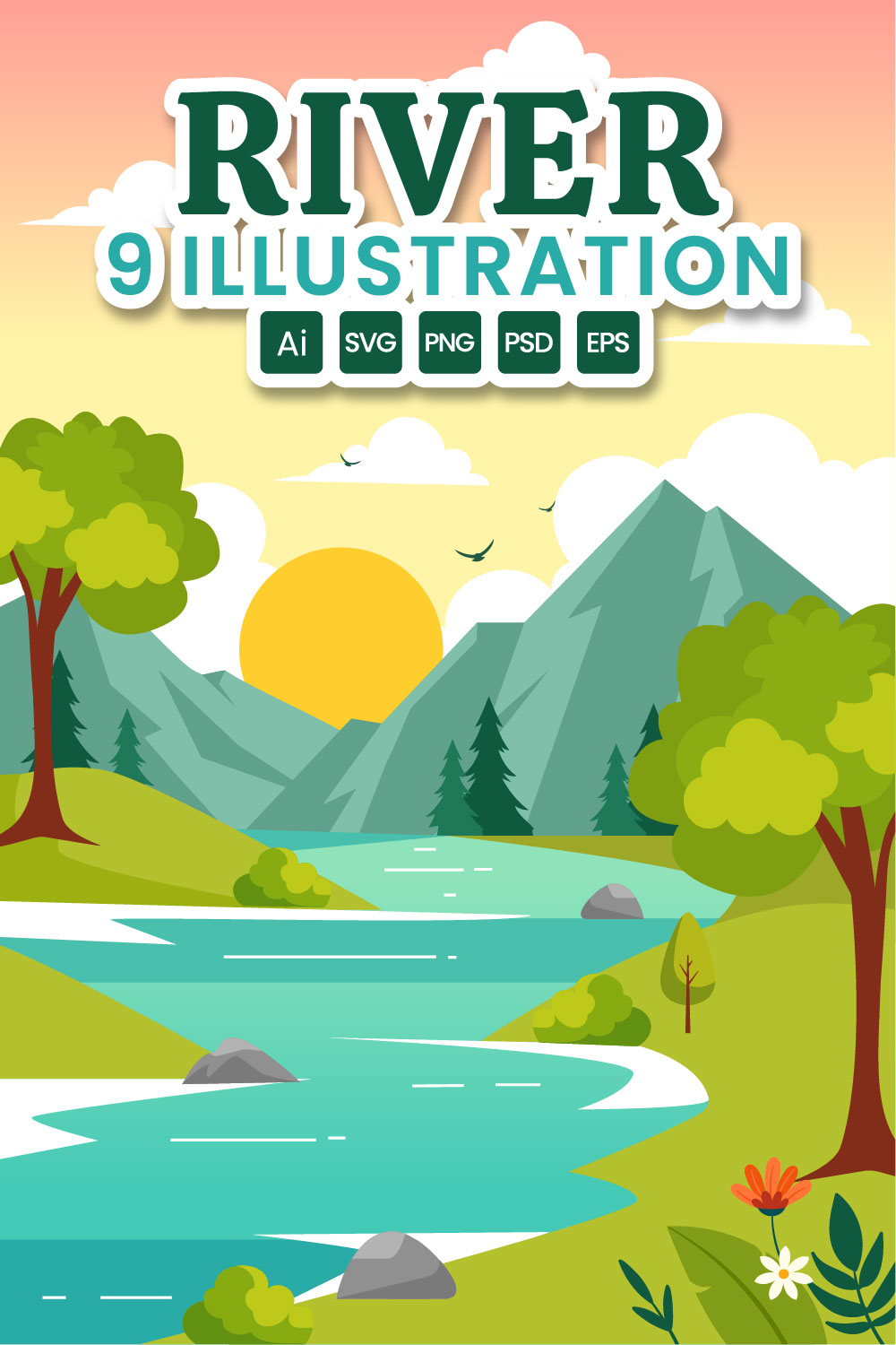 9 River Landscape Illustration pinterest preview image.