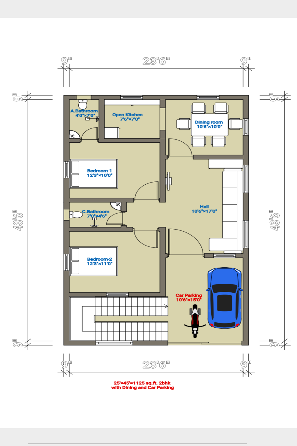 25'×45' 2bhk with Car Parking House Plan pinterest preview image.