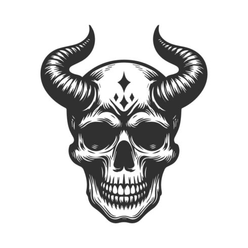 Skull with small horns, small horns, black and white bold line art, isolated on a white background, bold and striking design cover image.