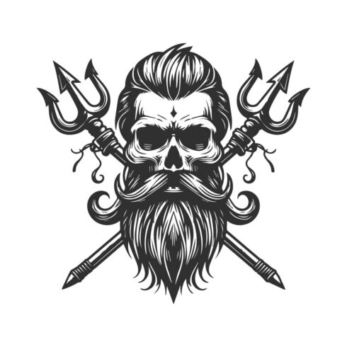 Bold line art of a skull with a thick beard, without hair, two tridents crossed behind it, intense expression, white background, high resolution cover image.