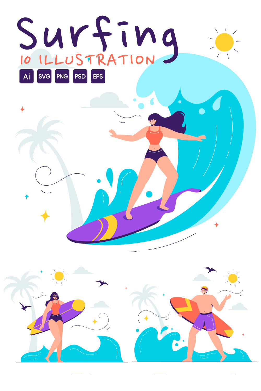 10 Summer Surfing Illustration pinterest preview image.