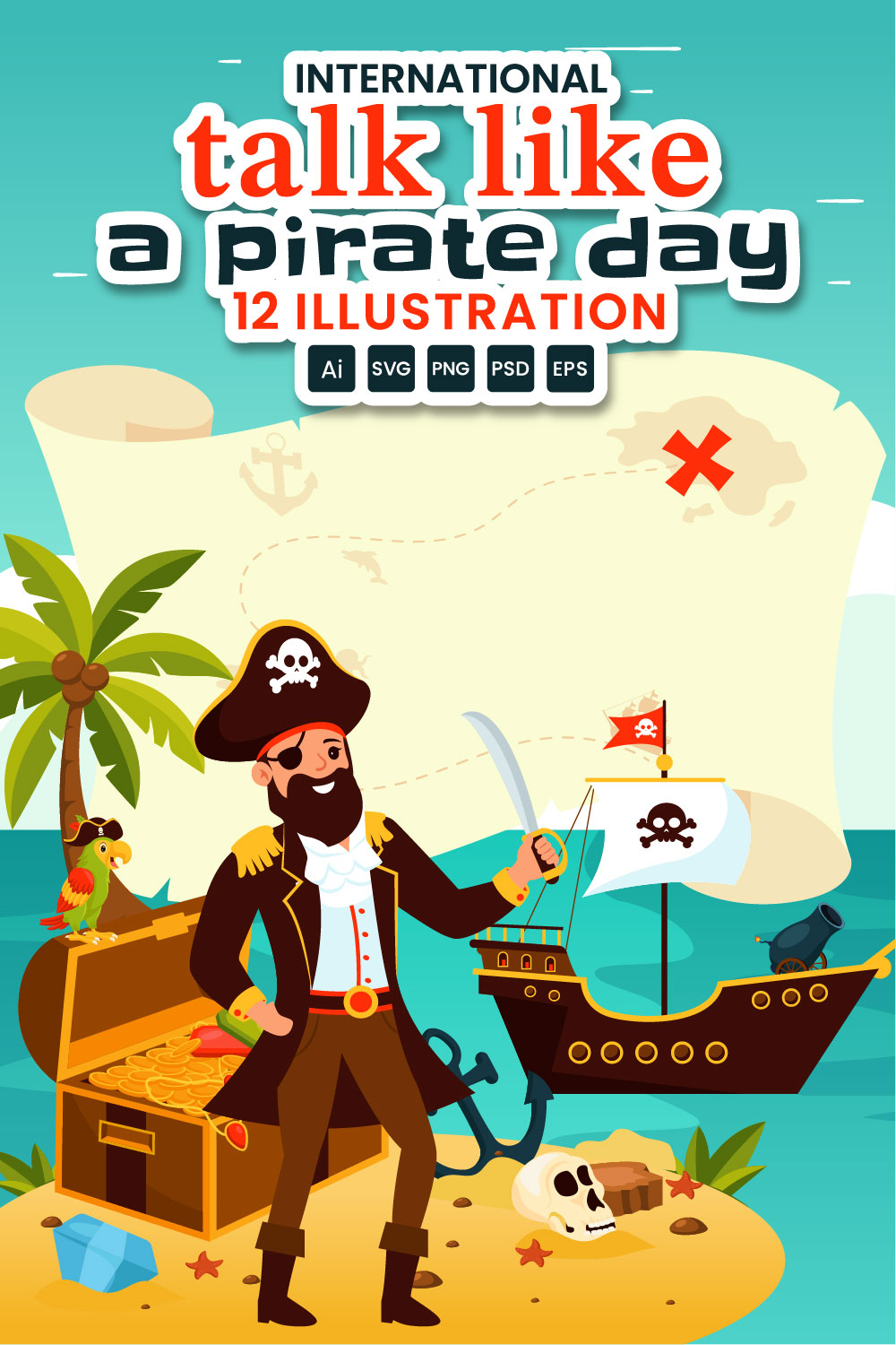 12 International Talk Like A Pirate Day Illustration pinterest preview image.