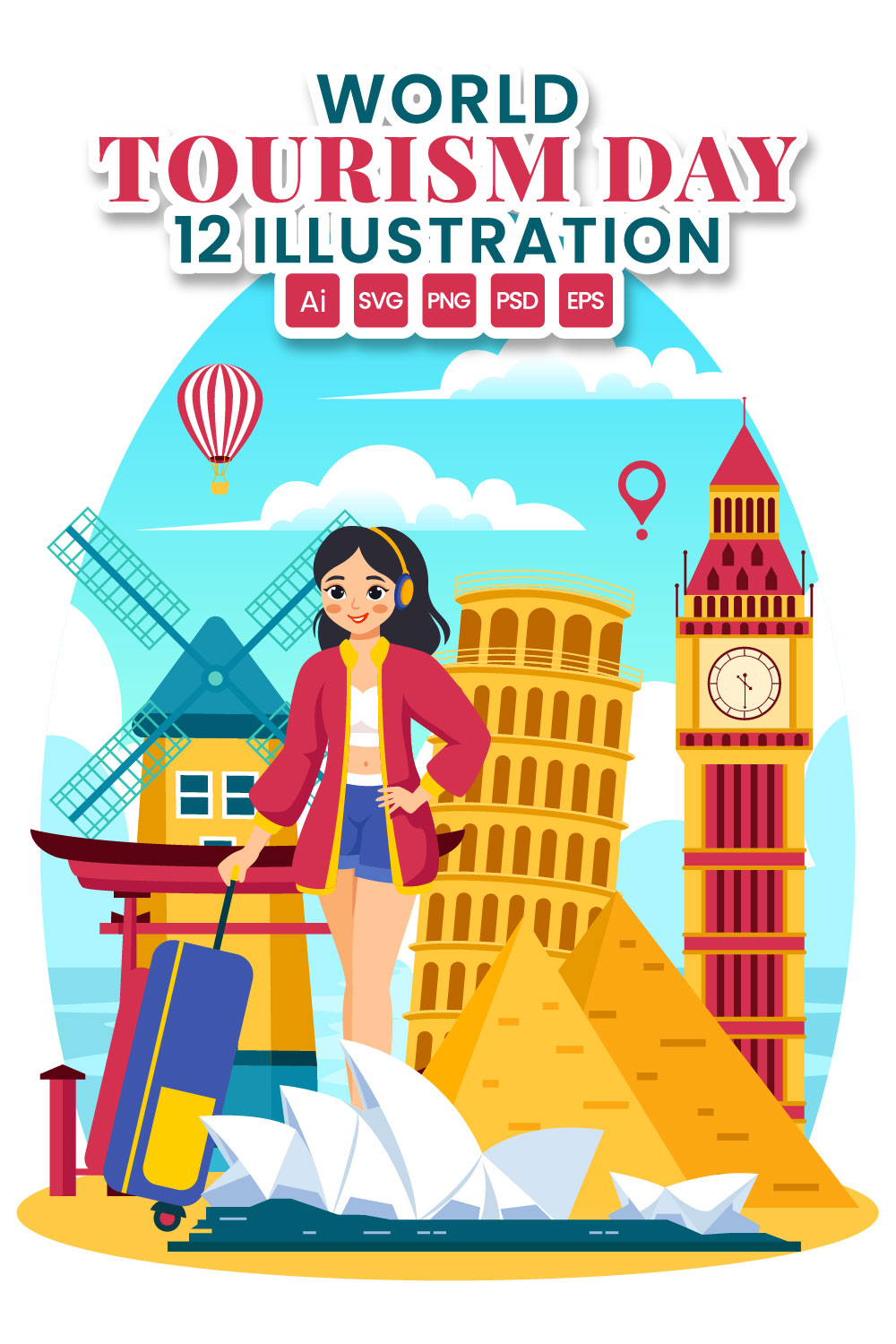 12 World Tourism Day Illustration pinterest preview image.