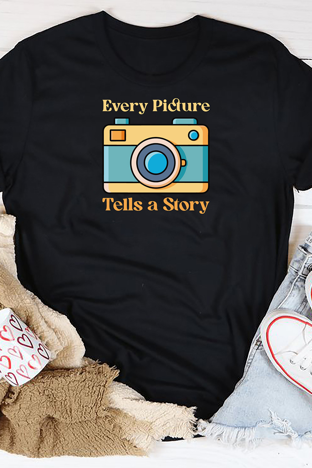 Every Picture Tells a Story - World Photography Day T-Shirt Design pinterest preview image.