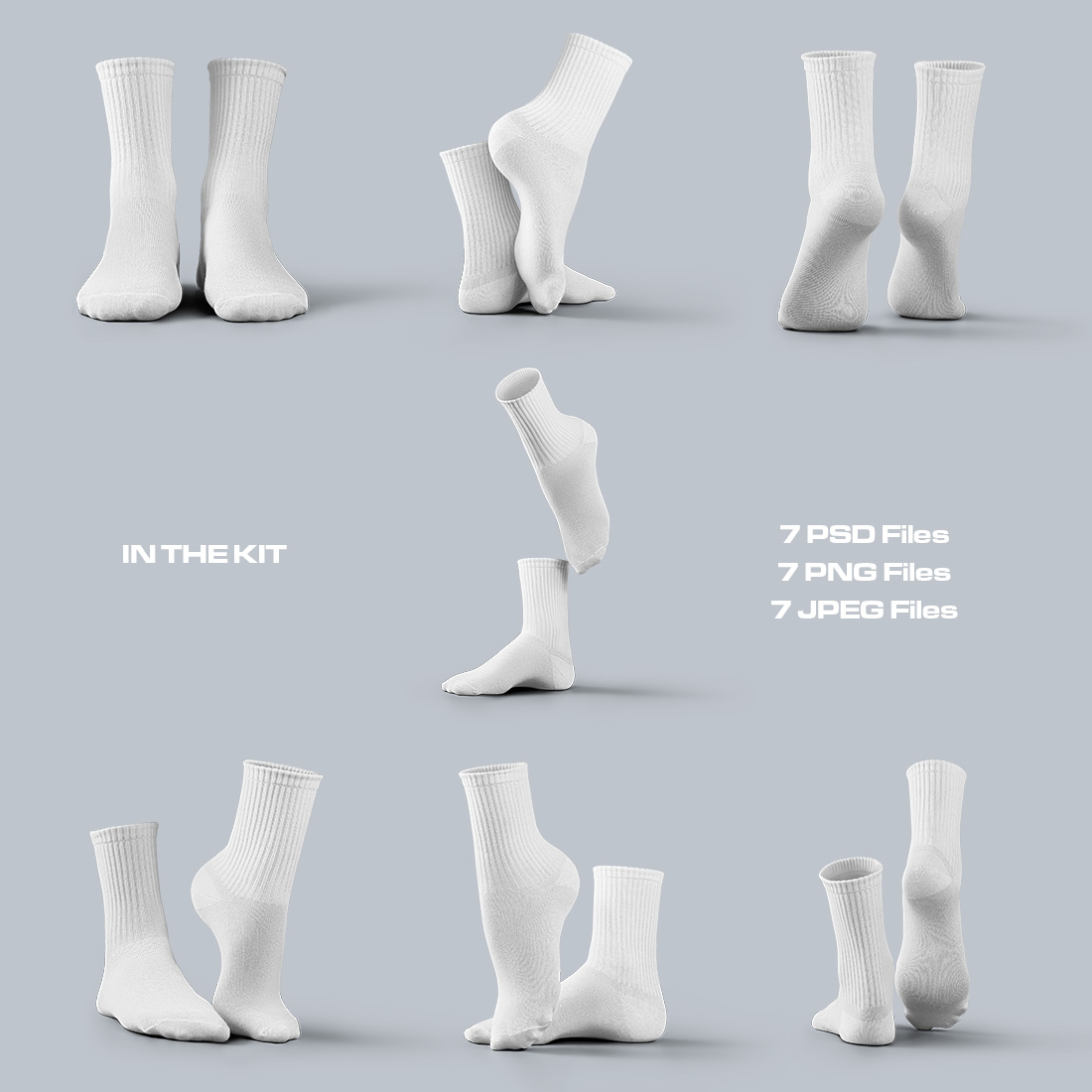 7 Mockups Medium Socks in the 3D Style preview image.