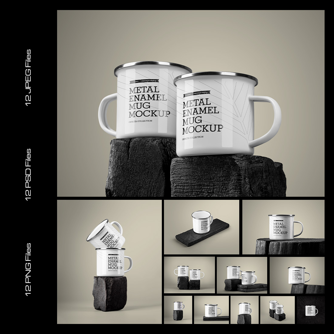 12 Mockups of Enamel Metal Mug on Burnt Wood Bar preview image.