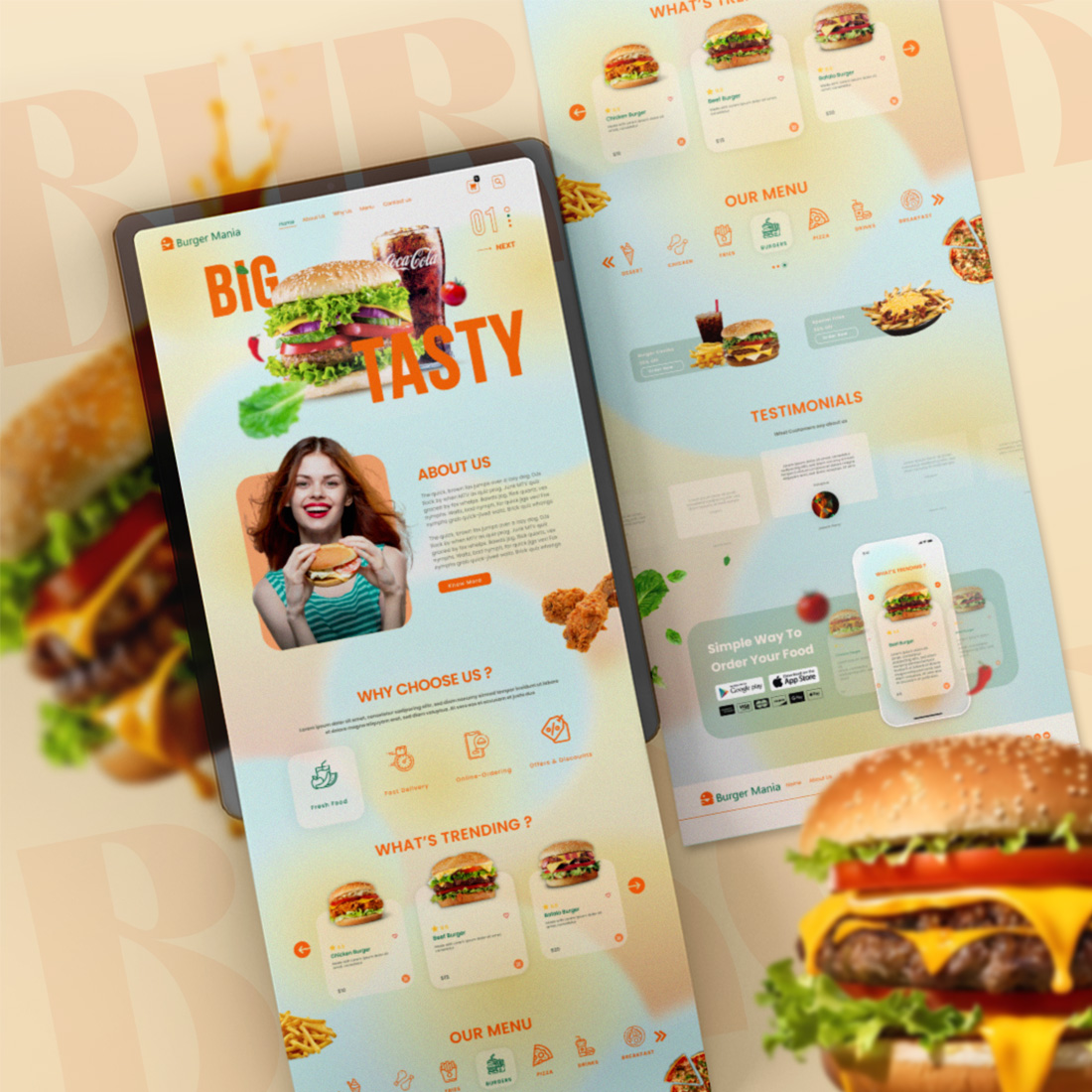 BURGER MANIA is a glassmorphism-inspired landing page UI Kit design crafted for burger enthusiasts cover image.