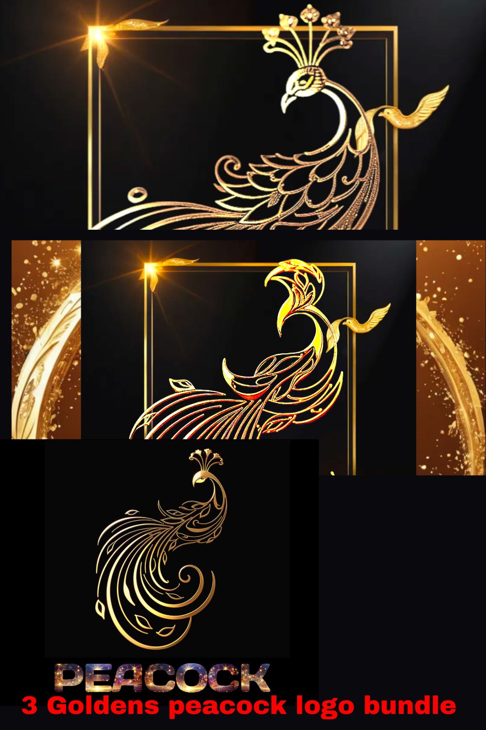 3 Golden Peacock logo bundle pinterest preview image.